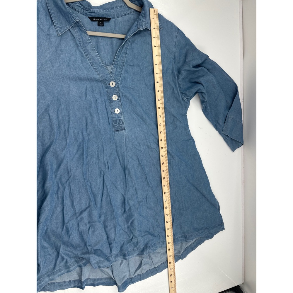 Zac & Rachel Womens Blue Denim Tunic Top 3/4 Sleeve Button Back L NWT - Picture 4 of 7
